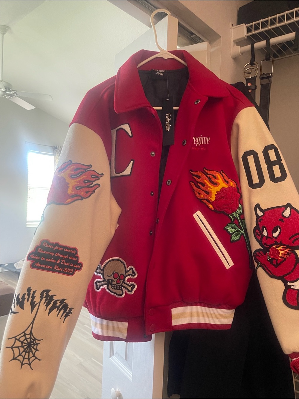 Red and Cream Embroidered Varsity Jacket with Flame & Devil Patches